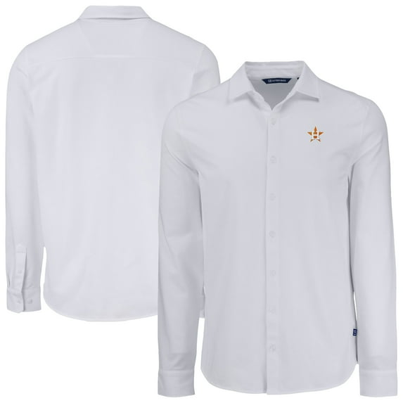 Men's Cutter & Buck White Houston Astros Knitted Advantage Tri-Blend Eco Soft Pique Long Sleeve Button-Up Shirt