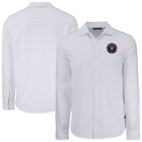 Men's Cutter & Buck White Inter Miami CF Knitted Advantage Tri-Blend Eco Soft Pique Long Sleeve Button-Up Shirt