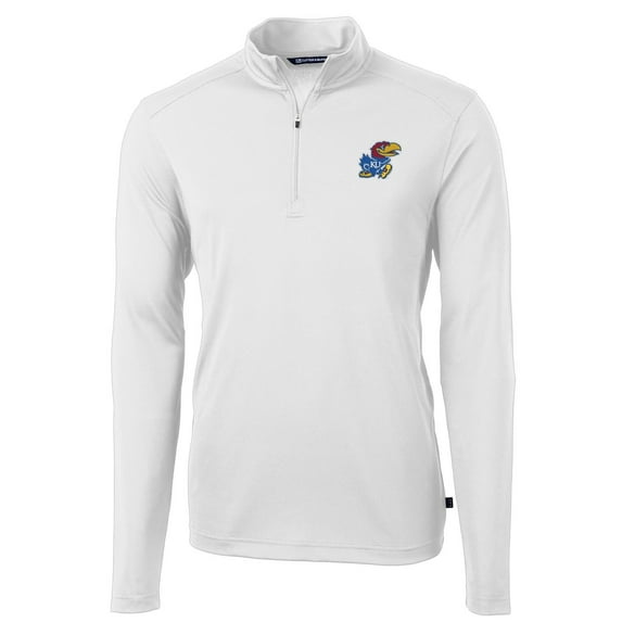 Men's Cutter & Buck White Kansas Jayhawks Virtue Eco Pique Recycled Quarter-Zip Jacket