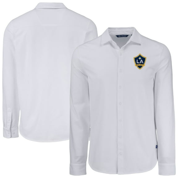 Men's Cutter & Buck White LA Galaxy Knitted Advantage Tri-Blend Eco Soft Pique Long Sleeve Button-Up Shirt