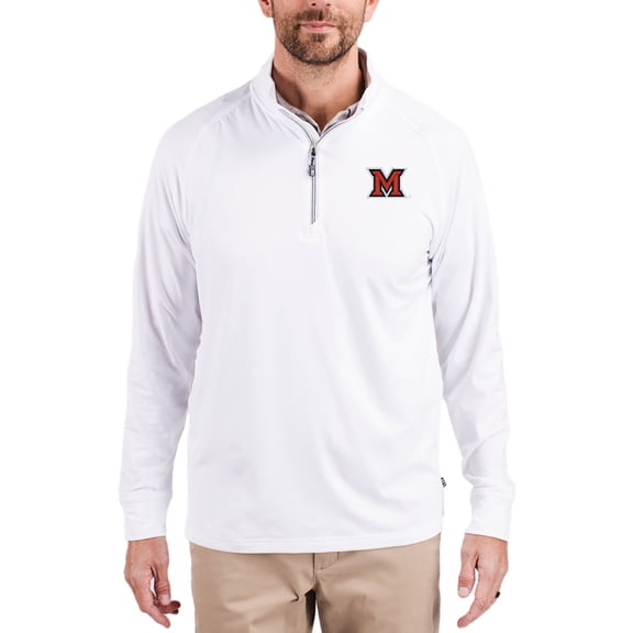 Men's Cutter & Buck White Miami University RedHawks Adapt Eco Knit Stretch Recycled Quarter-Zip Pullover