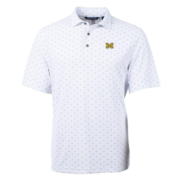 Men's Cutter & Buck White Michigan Wolverines Virtue Eco Pique Tile Print Polo
