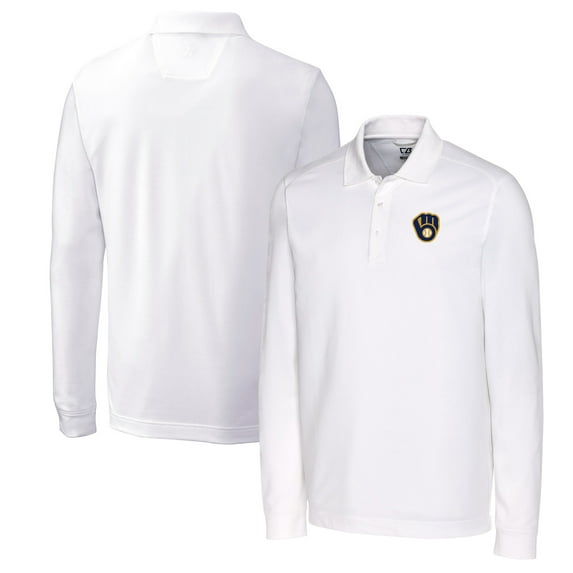 Men's Cutter & Buck White Milwaukee Brewers Big & Tall Advantage Eco Pique DryTec Tri-Blend Long Sleeve Polo