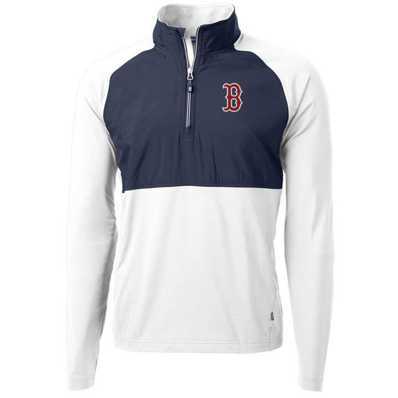 Men's Cutter & Buck White/Navy Boston Red Sox Adapt Eco Knit Hybrid Recycled Quarter-Zip Pullover Jacket