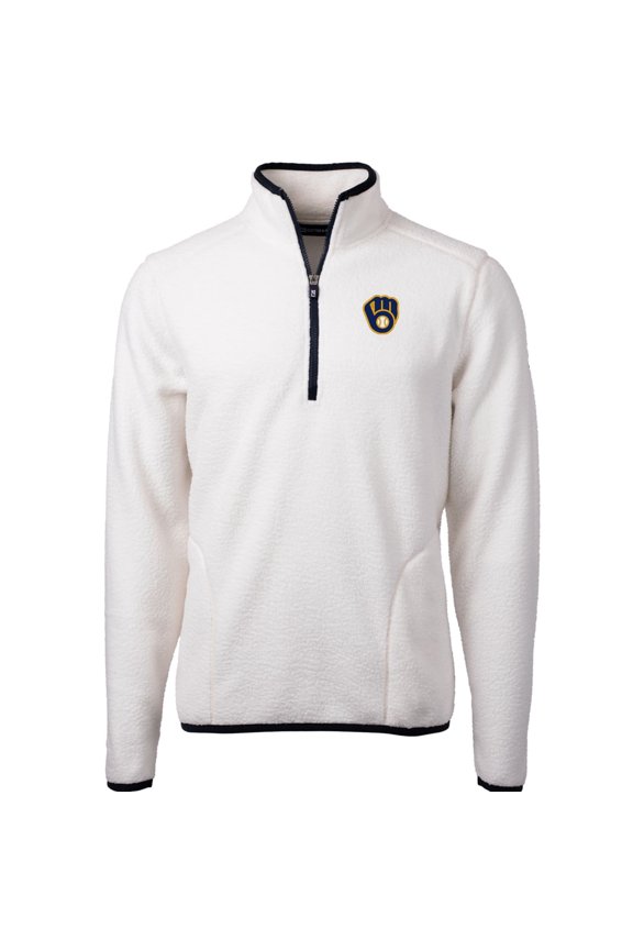 Men's Cutter & Buck White/Navy Milwaukee Brewers Cascade Eco Sherpa Fleece Quarter-Zip Pullover Jacket