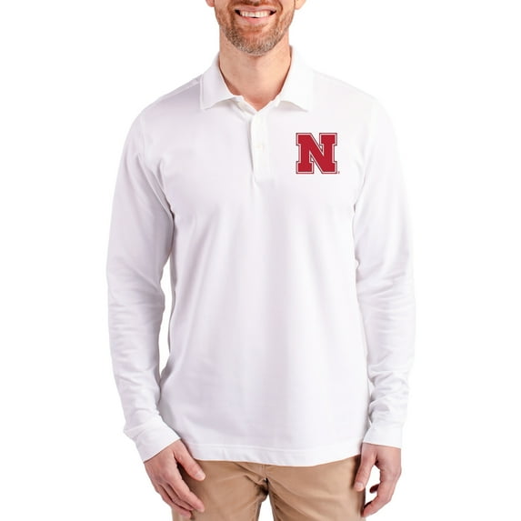 Men's Cutter & Buck White Nebraska Huskers Advantage Eco Tri-Blend Pique Long Sleeve Polo