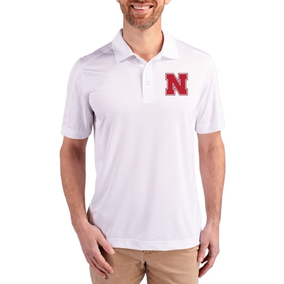 Men's Cutter & Buck White Nebraska Huskers Prospect Eco Textured Stretch Recycled Polo