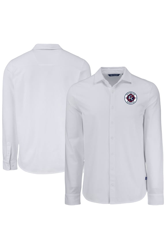 Men's Cutter & Buck White New England Revolution Knitted Advantage Tri-Blend Eco Soft Pique Long Sleeve Button-Up Shirt