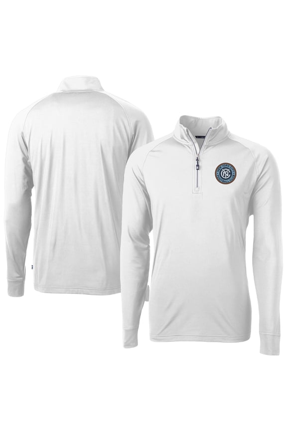 Men's-Cutter & Buck White New York City FC Adapt Eco Knit Stretch Recycled Raglan Quarter-Zip Pullover Top