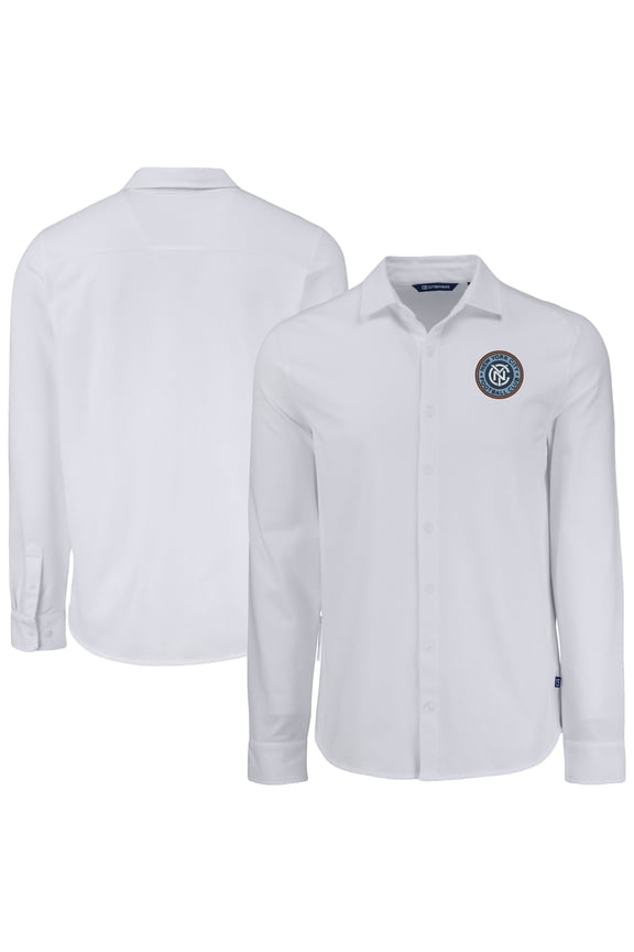 Men's Cutter & Buck White New York City FC Knitted Advantage Tri-Blend Eco Soft Pique Long Sleeve Button-Up Shirt