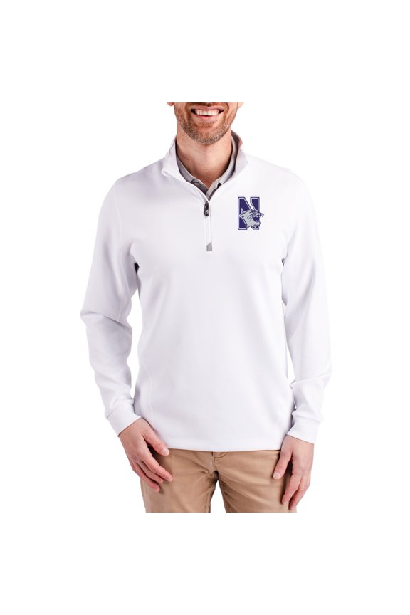 Men's-Cutter & Buck White Northwestern Wildcats DryTec Traverse Stretch Eco Tri-Blend Quarter-Zip Pullover