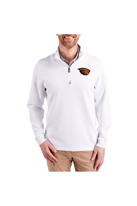 Men's-Cutter & Buck White Oregon State Beavers DryTec Traverse Stretch Eco Tri-Blend Quarter-Zip Pullover