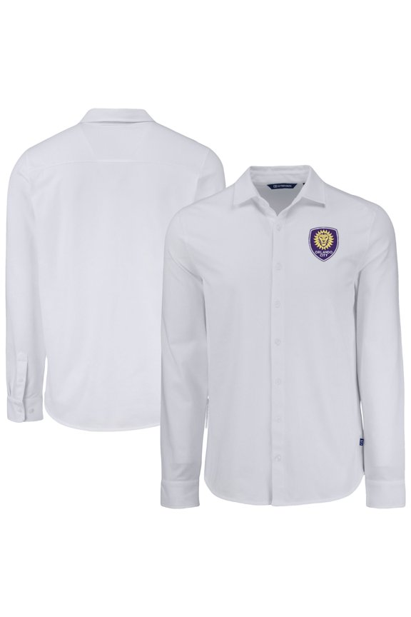 Men's-Cutter & Buck White Orlando City SC Advantage Tri-Blend Eco Soft Pique Long Sleeve Knitted Button-Up Top