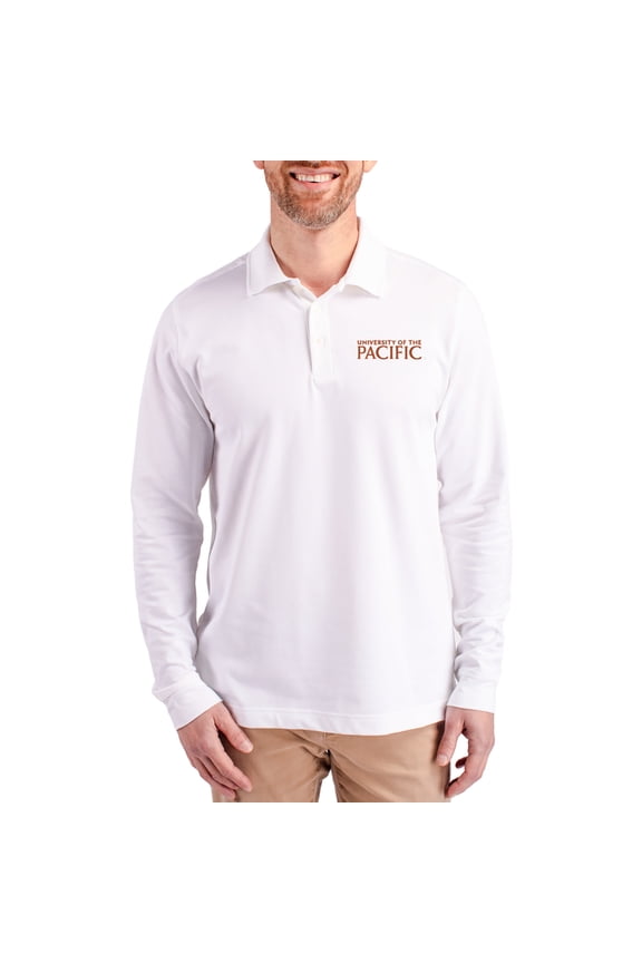 Men's Cutter & Buck White Pacific Tigers Advantage Eco Tri-Blend Pique Long Sleeve Polo