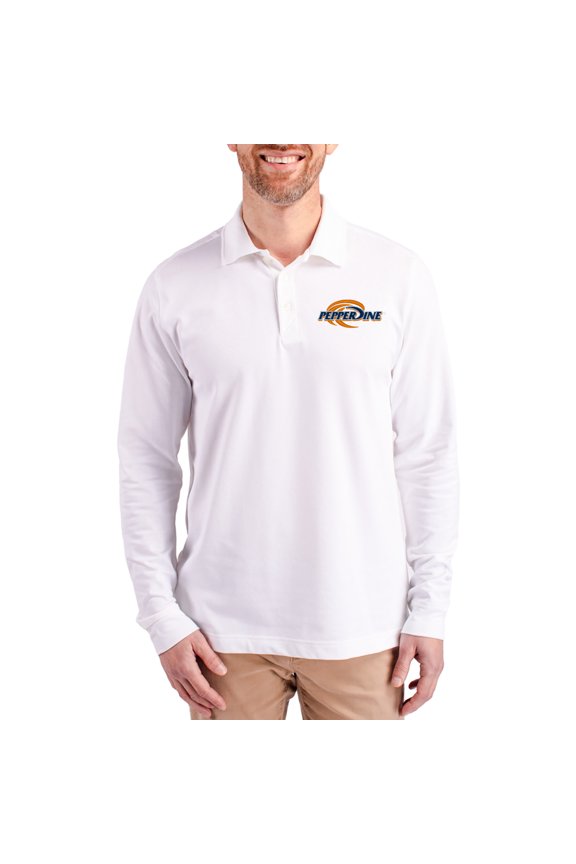 Men's Cutter & Buck White Pepperdine Waves Advantage Eco Tri-Blend Pique Long Sleeve Polo