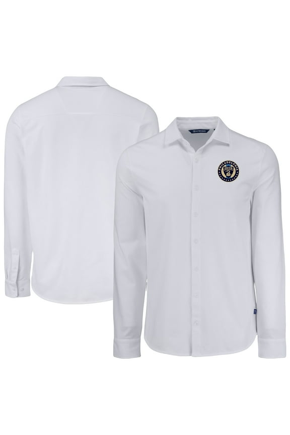 Men's-Cutter & Buck White Philadelphia Union Advantage Tri-Blend Eco Soft Pique Long Sleeve Knitted Button-Up Top