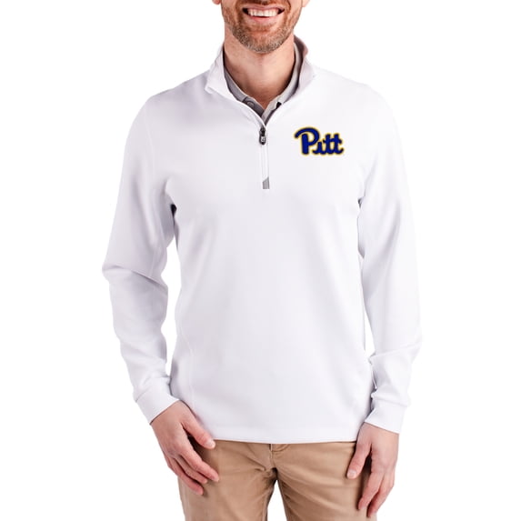 Men's-Cutter & Buck White Pitt Panthers DryTec Traverse Stretch Eco Tri-Blend Quarter-Zip Pullover