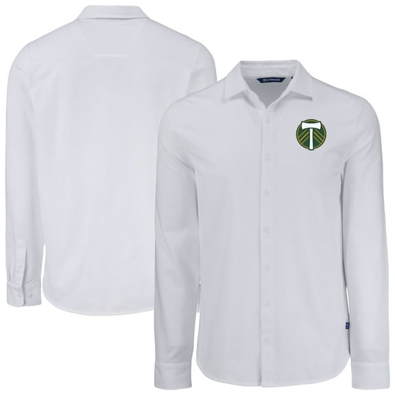 Men's-Cutter & Buck  White Portland Timbers Advantage Tri-Blend Eco Soft Pique Long Sleeve Knitted Button-Up Top