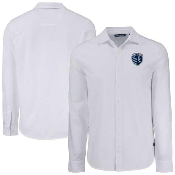 Men's-Cutter & Buck  White Sporting Kansas City Advantage Tri-Blend Eco Soft Pique Long Sleeve Knitted Button-Up Top