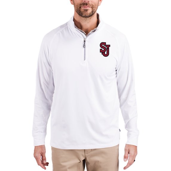 Men's Cutter & Buck White St. John's Red Storm Adapt Eco Knit Stretch Recycled Quarter-Zip Pullover