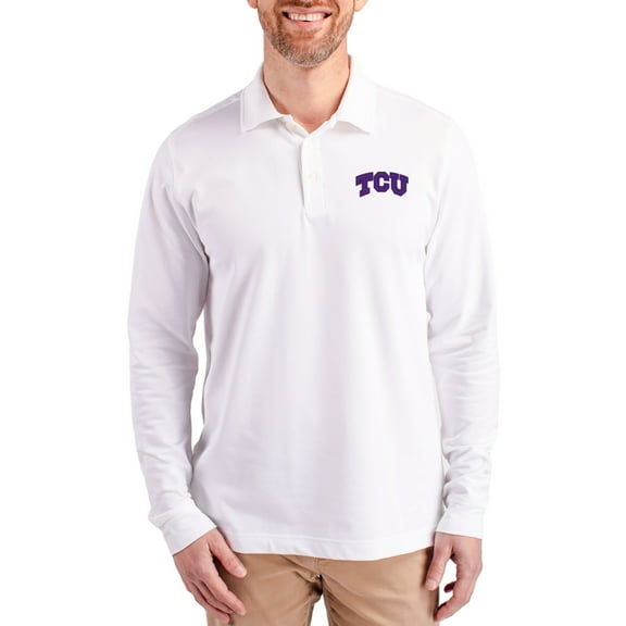 Men's Cutter & Buck White TCU Horned Frogs Advantage Eco Tri-Blend Pique Long Sleeve Polo