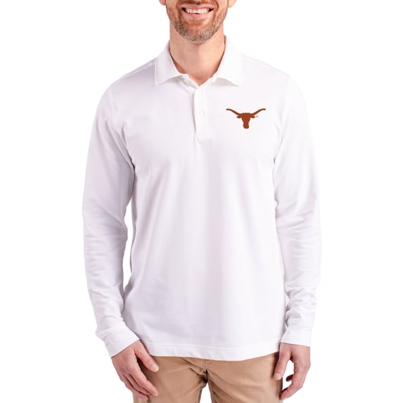 Men's Cutter & Buck White Texas Longhorns Advantage Eco Tri-Blend Pique Long Sleeve Polo