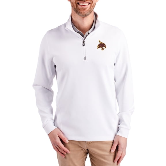Men's-Cutter & Buck White Texas State Bobcats DryTec Traverse Stretch Eco Tri-Blend Quarter-Zip Pullover