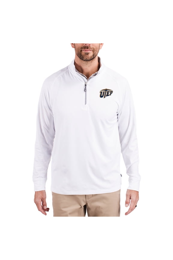 Men's Cutter & Buck White UTEP Miners Adapt Eco Knit Stretch Recycled Quarter-Zip Pullover