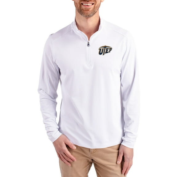Men's-Cutter & Buck White UTEP Miners Virtue DryTec Quarter-Zip Pullover