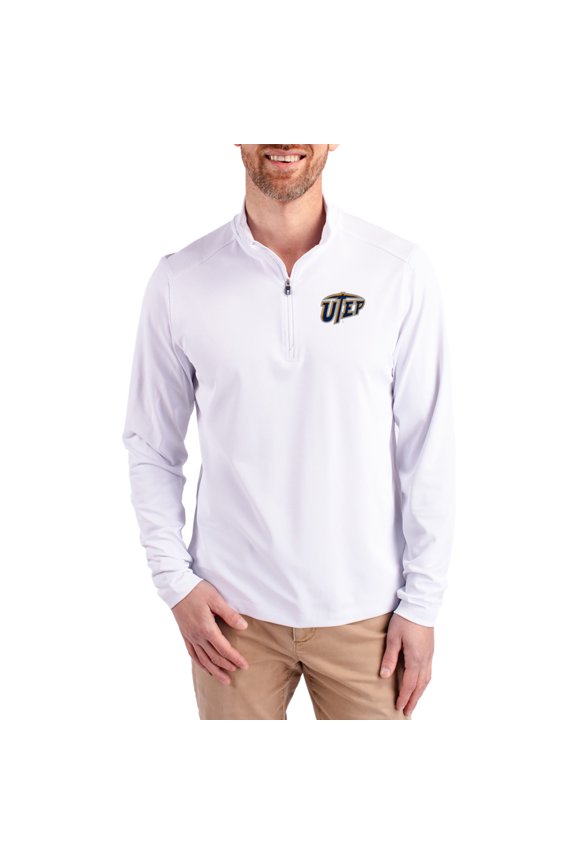 Men's-Cutter & Buck White UTEP Miners Virtue DryTec Quarter-Zip Pullover