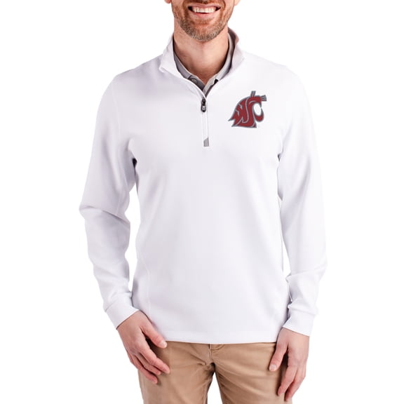 Men's-Cutter & Buck White Washington State Cougars DryTec Traverse Stretch Eco Tri-Blend Quarter-Zip Pullover