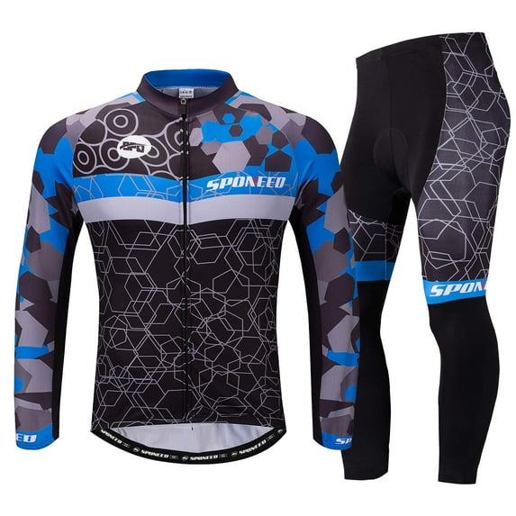 Men’s Cycling Jersey Set Long Sleeve Quick Dry Breathable Bike Bicycling Shirt Lightweight Biking Pants Blue L