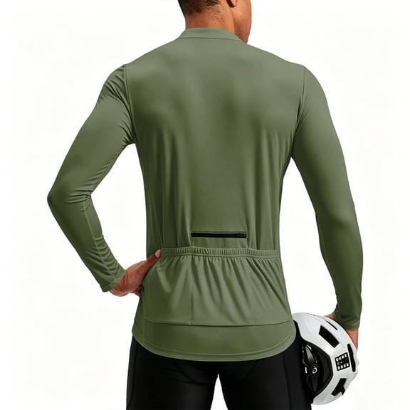 Men's Cycling Jersey with 3+1 Rear Zipper Pockets Long Sleeve Moisture Wicking Half Zip Riding Bike Shirts Army Green 2XL