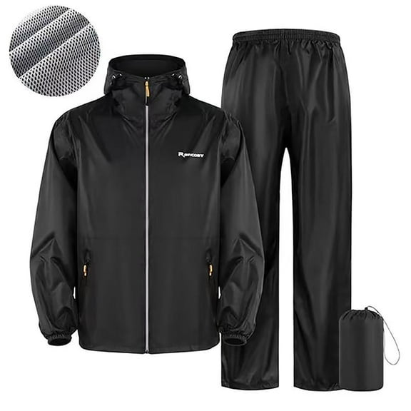 Men's Cycling Suits Outdoor Zipper Jacket & Pants Set Waterproof Raincoat Riding Gear (Black M)