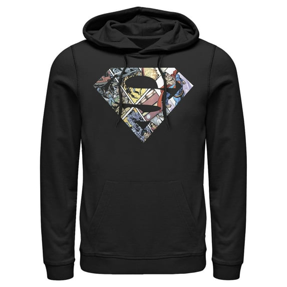 Men's Superman Comic Panel Shield Logo Pull Over Hoodie Black Medium