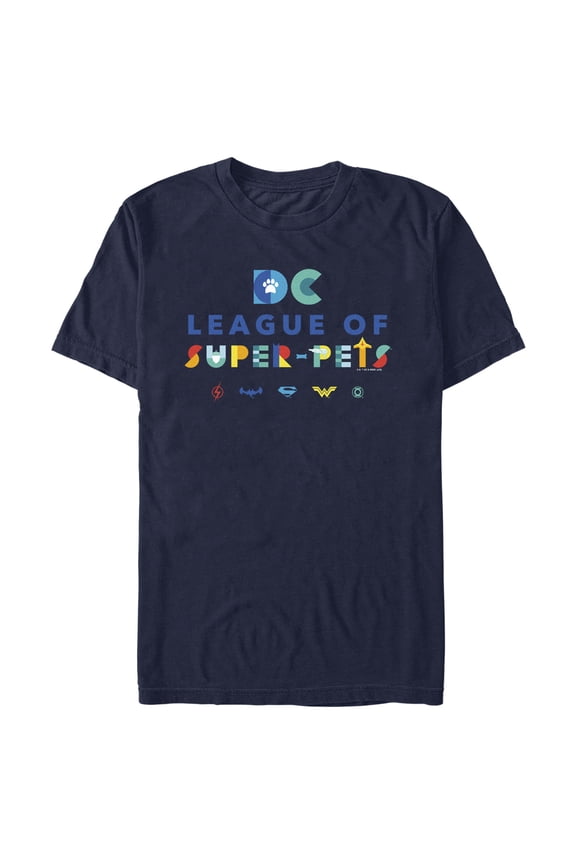 Men's DC League of Super-Pets Colorful Hero Logos  Graphic Tee Navy Blue 3X Large