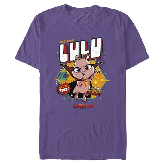 Men's DC League of Super-Pets Rule the World Lulu Badge Graphic Tee Purple Large
