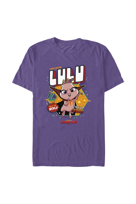 Men's DC League of Super-Pets Rule the World Lulu Badge Graphic Tee Purple Medium