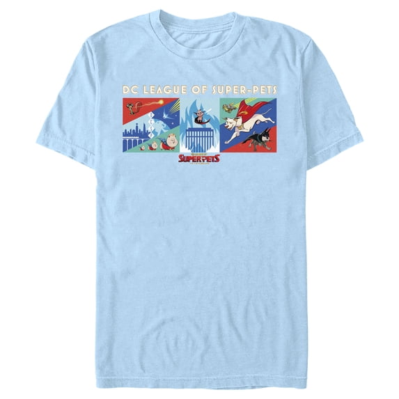 Men's DC League of Super-Pets Super Pack Panels Graphic Tee Light Blue Small