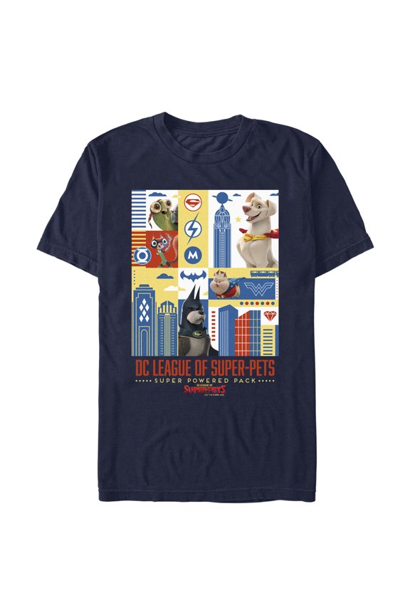 Men's DC League of Super-Pets Super Powered Pack Panels Graphic Tee Navy Blue X Large