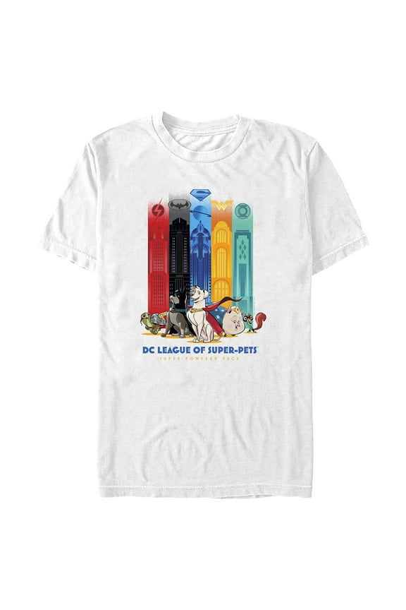 Men's DC League of Super-Pets Super Powered Pack Towers Graphic Tee White Large