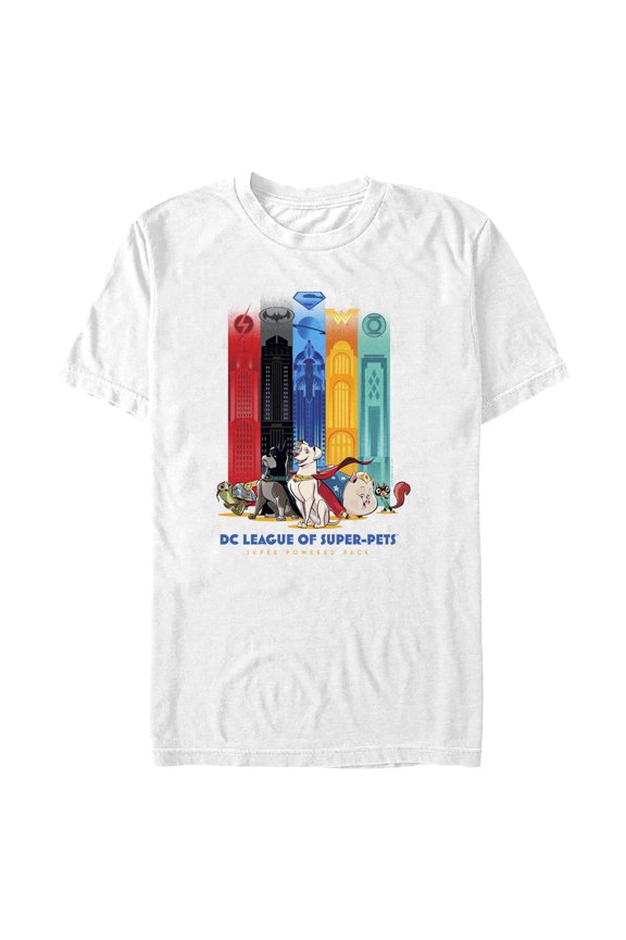 Men's DC League of Super-Pets Super Powered Pack Towers Graphic Tee White Small