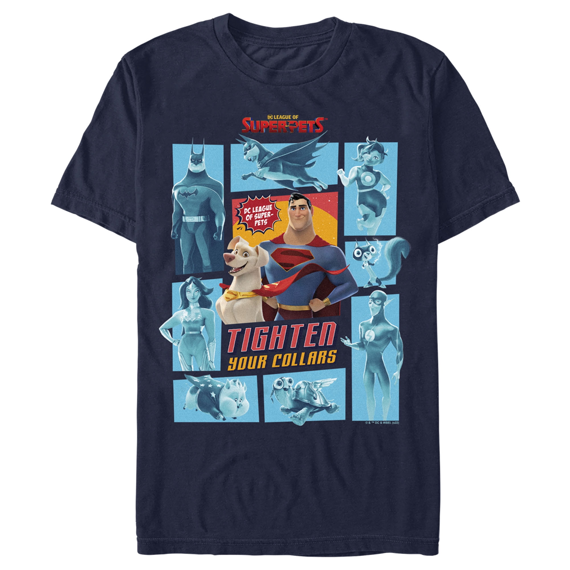 Men's DC League of Super-Pets Tighten Your Collars Panels  Graphic Tee Navy Blue 2X Large