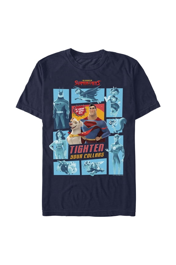 Men's DC League of Super-Pets Tighten Your Collars Panels  Graphic Tee Navy Blue Large