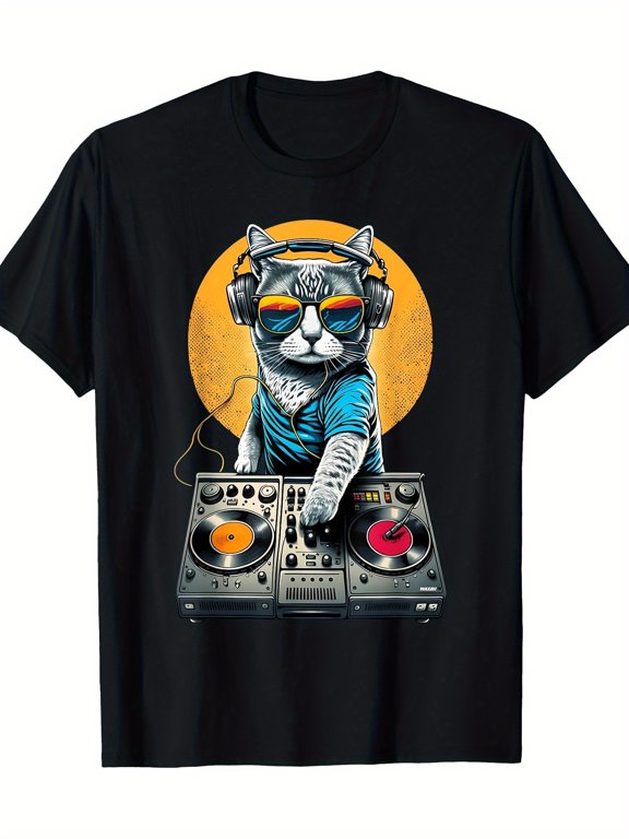 Men's DJ Cat Graphic T-Shirt- Black 100% Cotton, Short Sleeve, Round Neck, Casual Fit, Cool Cat with Headphones& Fashion Glasses Design, Lightweight& Breathable for Casual Attire, Casual Wear