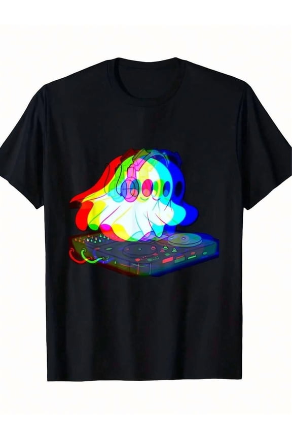 Men's DJ Neon Pattern T-Shirt - Vibrant Techno Rave Design, Short Sleeve, Crewneck, Machine Washable, Black Casual Streetwear For Halloween, Music Festivals & Parties DJ Themed Shirts Comfort Fit, Ha