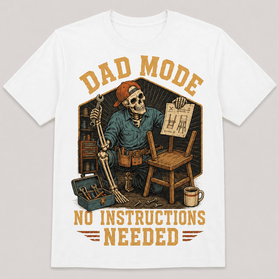 Men's Dad Mode No Instructions Needed T-Shirt, Funny Skeleton Handyman Garage Graphic Short Sleeve White Tee
