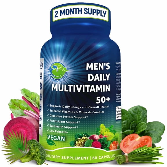 Men's Daily Multivitamin 50 Plus - Vegan Methylated Multivitamin for Men 50 and Over - Saw Palmetto, Biotin, Organic Superfoods, Lutein - Eye, Energy, Gut, Health Support - Easy to Swallow Capsules