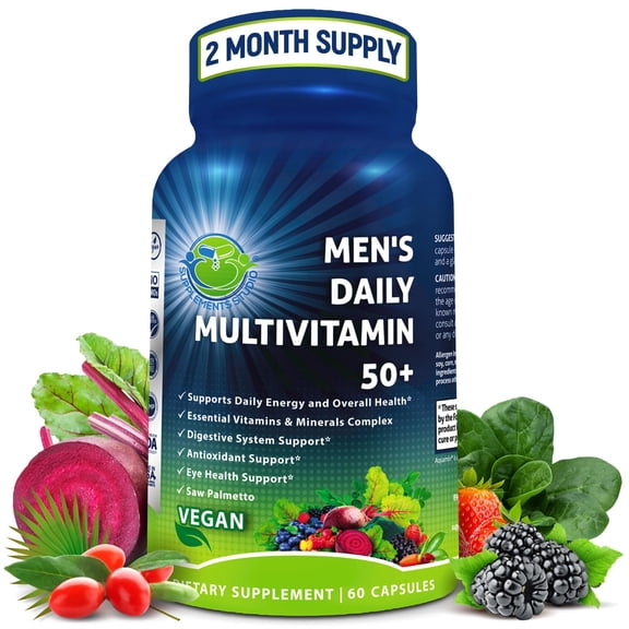 Men's Daily Multivitamin 50 Plus - Vegan Methylated Multivitamin for Men 50 and Over - Saw Palmetto, Biotin, Organic Superfoods, Lutein - Eye, Energy, Gut, Health Support - Easy to Swallow Capsules