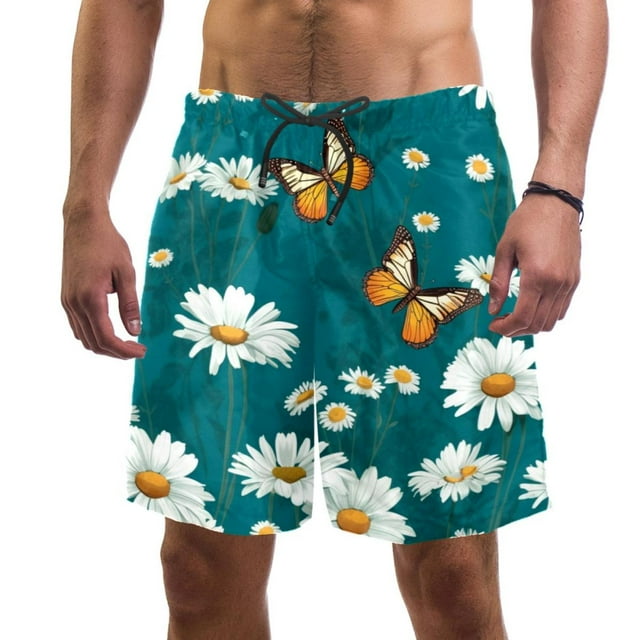 Mens Daisies Butterflies Swim Trunks Quick Dry Board Shorts Bathing